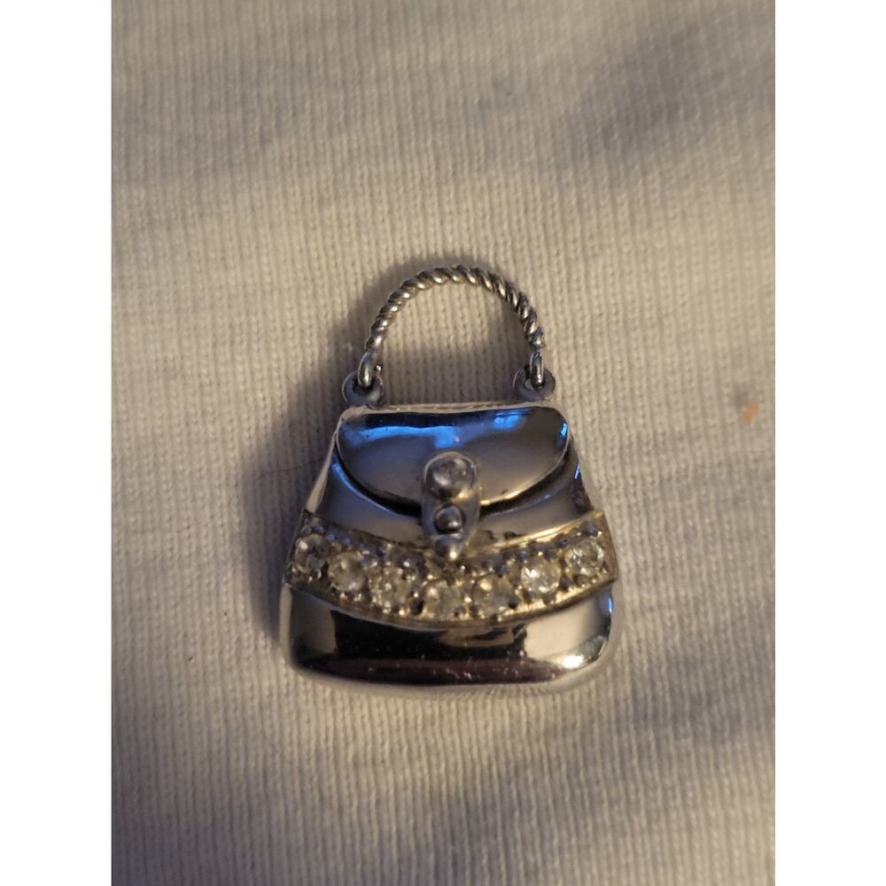 Bag Charm -Mini Designer Bag shiny silver toned CZ stones NICE! 925 FAS IT OPENS - Picture 2 of 6